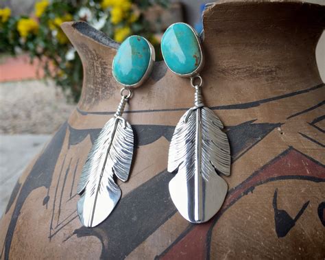 Navajo Earrings Silver Feather Turquoise Earrings Native American