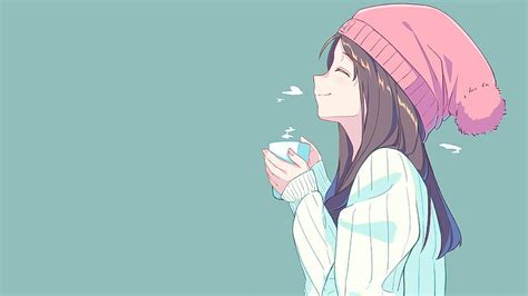 Hd Wallpaper Anime Hat Anime Girls Tea Closed Eyes Simple