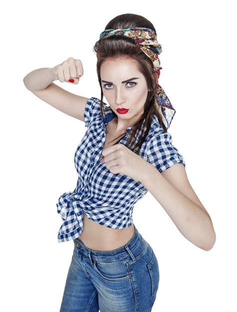 Beautiful Woman In Retro Pin Up Style With Her Fists Up Ready T Stock