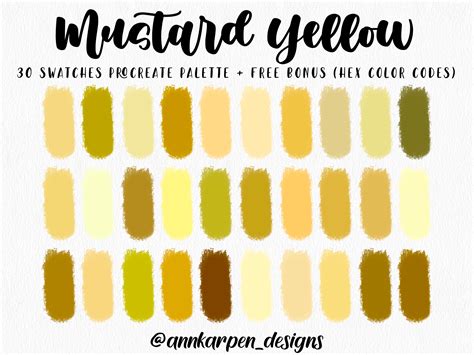 Mustard Yellow Procreate Palette Hand Picked 30 Hex Color Codes