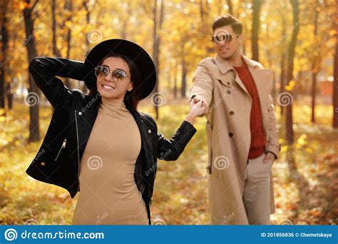 Lovely Couple Walking In Park On Autumn Day Stock Photo Image Of