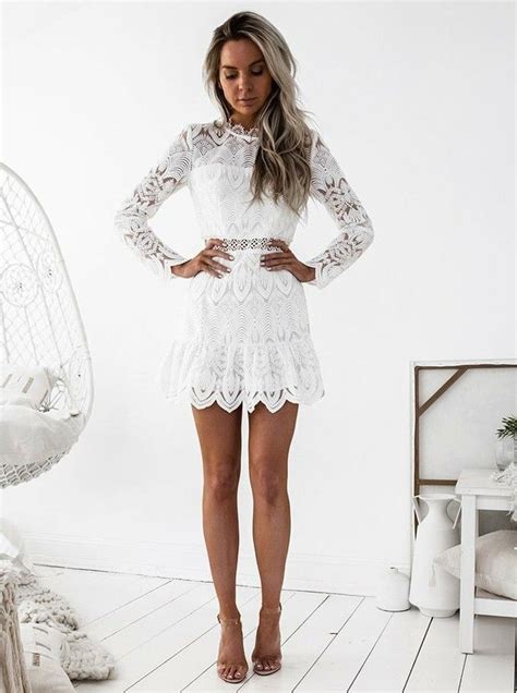Short White Lace Dress With Long Sleeves White Party Outfits For