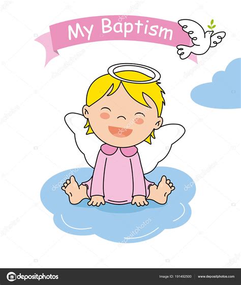 Baptism Invitation Card Smiling Angel Girl Sitting Cloud