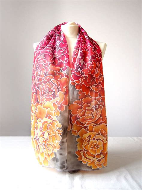 Women Scarf Peony Hand Painted Silk Scarves Flowers Idea Etsy Hand