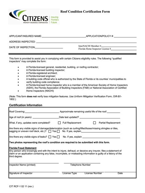 Fillable Roof Certification Inspection Form Printable Forms Free Online