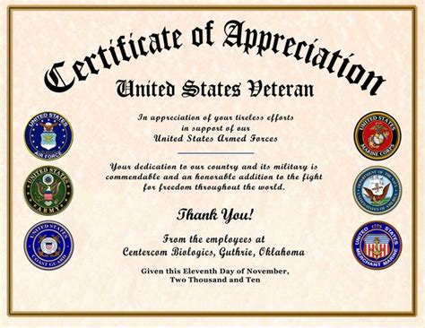 Printable Veteran Certificate Of Appreciation Template Free