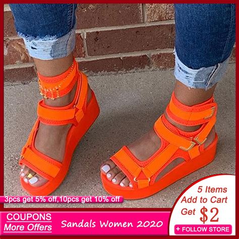 Women Sandals Hook And Loop Platform Open Toe Orange Sandals Women Flat