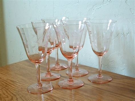 Vintage Pink Depression Glass Wine Glasses Goblets Etched Set Etsy