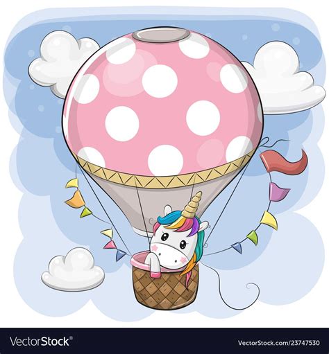 Cute Unicorn Is Flying On A Hot Air Balloon Vector Image Dibujos De