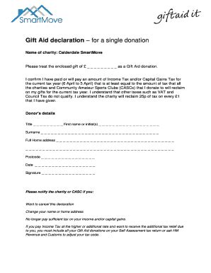 Fillable Online Calderdalesmartmove Org Gift Aid Declaration For A