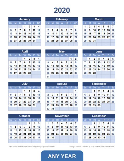 Vertex42 2022 Printable Calendar Year 2022 Editable 2022 Yearly