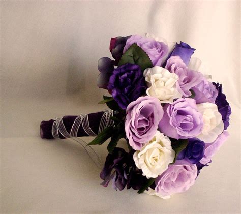 Roses, carnations, lisanthus, stock, silver eucalyptus. Bride Bouquet Wedding Flowers Purple Lavender silk Rose ...