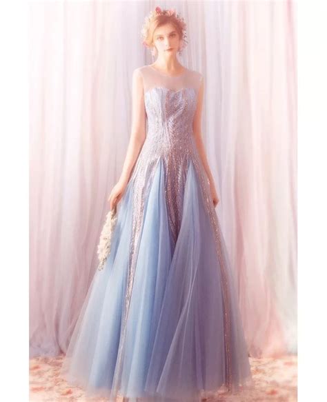 sparkly sequins blue long tulle prom dress a line with bling wholesale t69154