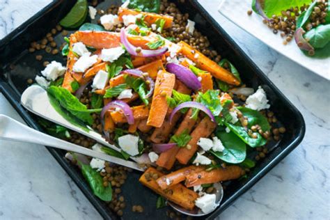 Honey And Spice Roasted Carrots With Lentil Fetta And Spinach Salad You