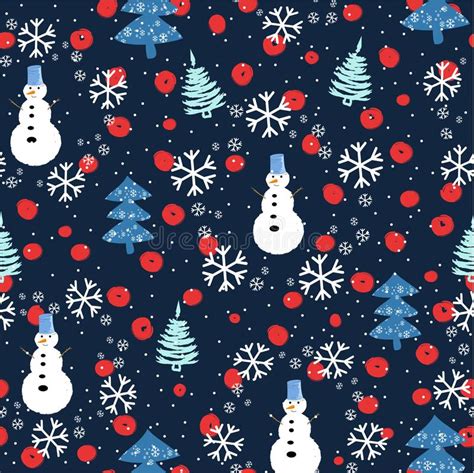 Seamless Pattern With Christmas Trees Snowman And Snow Vector Stock