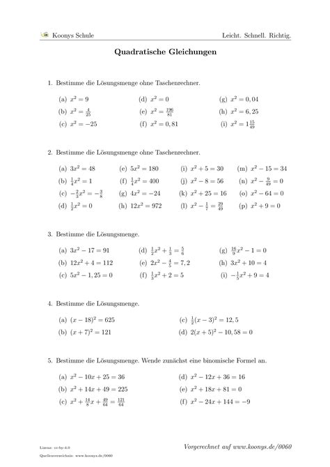Aufgaben Quadratische Gleichungen Mit Lösungen Koonys Schule 0060