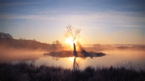 Landscapes Lakes Reflection Fog Mist Dawn Morning Sky Wallpaper