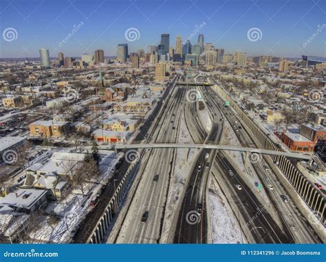 Aerial View Of The Minneapolis Skyline During Winter Stock Photo