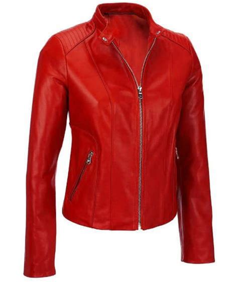Womens Red Biker Moto Lambskin Leather Jacket With 100 Polyester