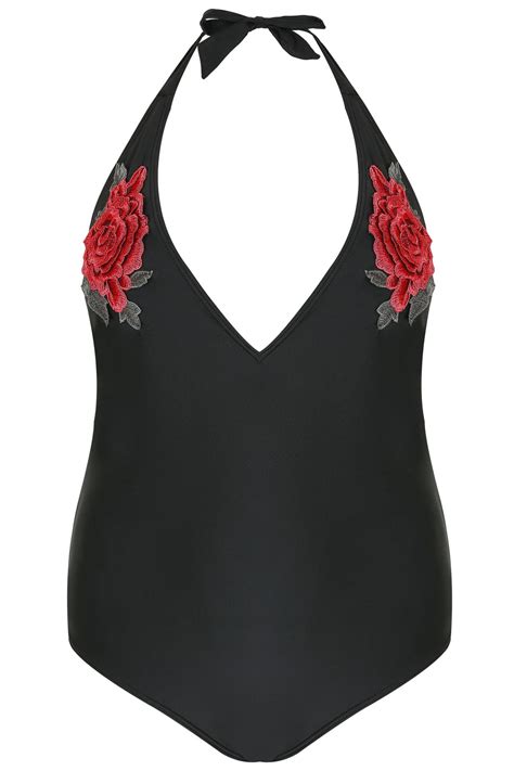 Wolf And Whistle Black Floral Rose Applique Halter Plunge Swimsuit Plus