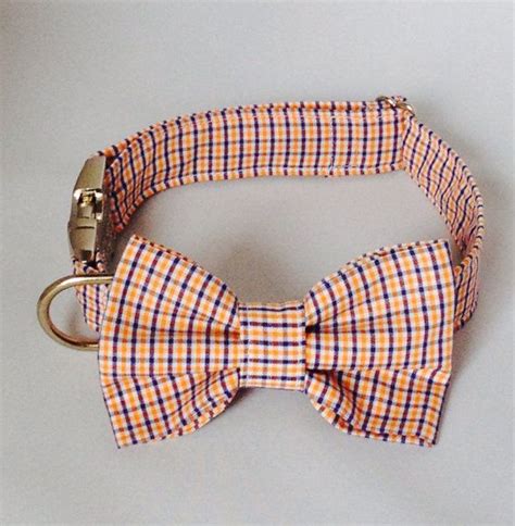 Preppy Navy And Orange Gingham Seersucker Dog Bow Tie Collar Preppy