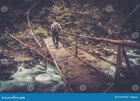 Hiker Walking Over Wooden Bridge In A Forest Stock Photo Image Of