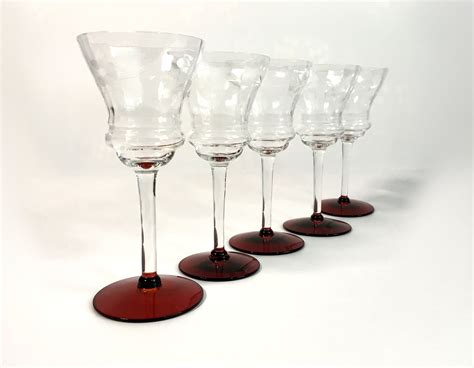 5 Vintage Etched Ruby Red Base Cordial Wine Glasses Set Of 5 Etsy