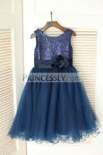 Navy Blue Sequins Pleated Tulle Flower Girl Dress With