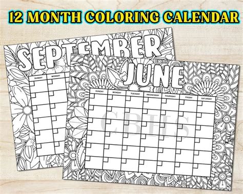 Pdf Flower Pattern 12 Month Coloring Calendar Printable Floral