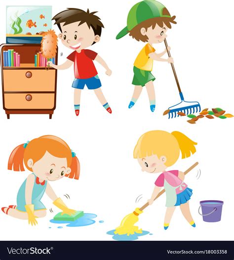 Four Kids Doing Different Chores At Home Vector Image