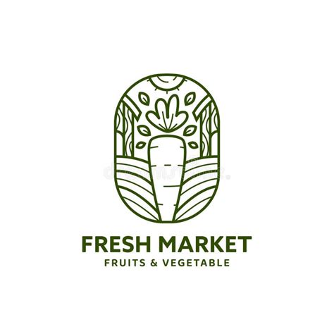 Fresh Market Logo Badge In Monoline Line Style With Carrot And Farm