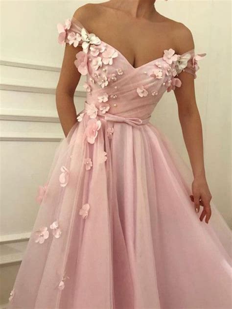 Chic A Line Off The Shoulder Pink Prom Dress Floral Prom Dresses Long