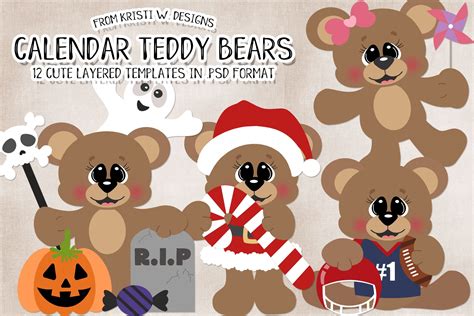 Calendar Teddy Bears Layered Templates By Kristi W Designs Etsy