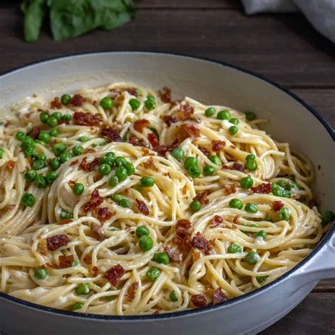 Spaghetti Alfredo With Crispy Prosciutto And Peas This Home Kitchen