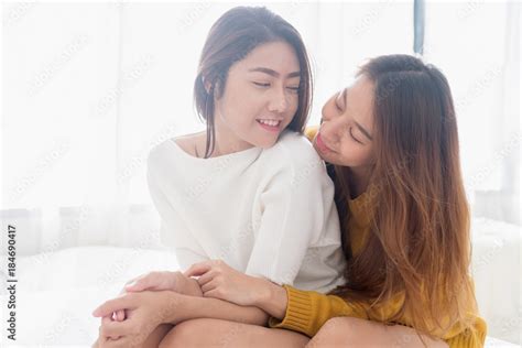 Lesbian Couple Together Concept Couple Of Young Asian Women Hugging On