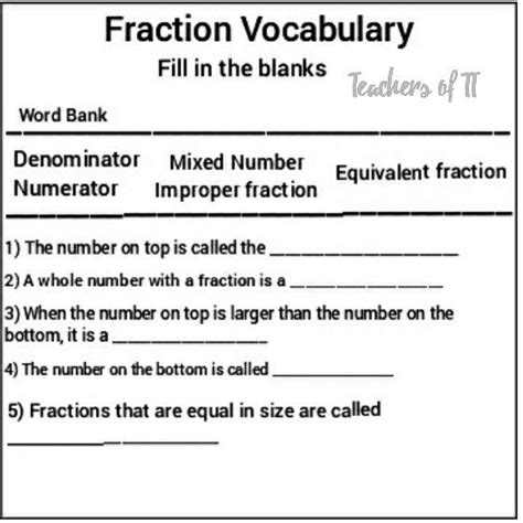 Fraction Vocabulary Fill In The Blanks Worksheet Fractions Vocabulary
