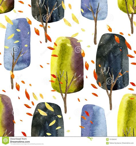 Abstract Autumn Trees With Falling Leaves Watercolor Seamless Pattern