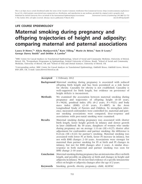 Pdf Maternal Smoking During Pregnancy And Offspring Trajectories Of Height And Adiposity