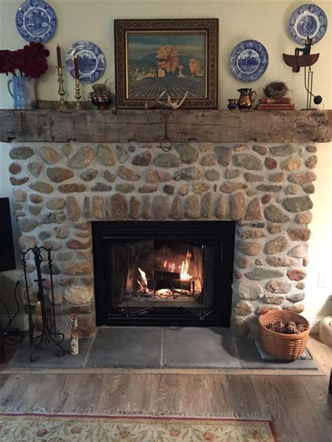 Field Stone Fireplace With Hand Hewn Mantle Cottage Fireplace