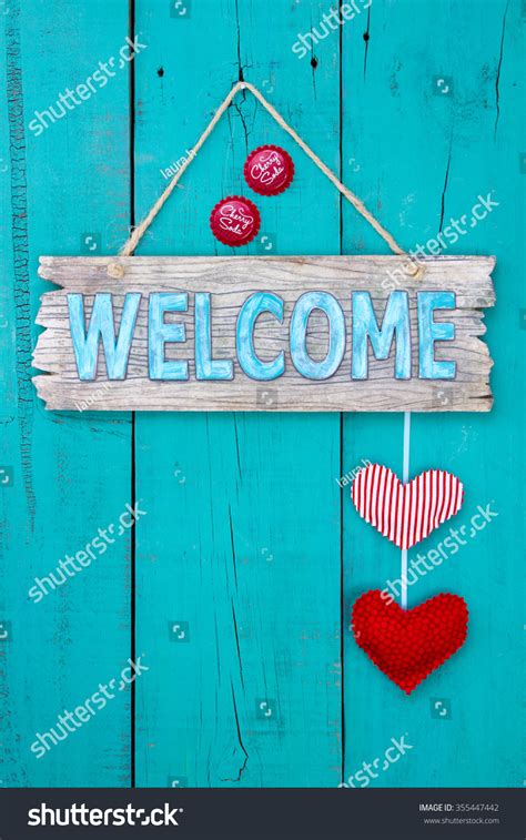 Rustic Wood Welcome Sign Red Hearts Stock Photo 355447442 Shutterstock