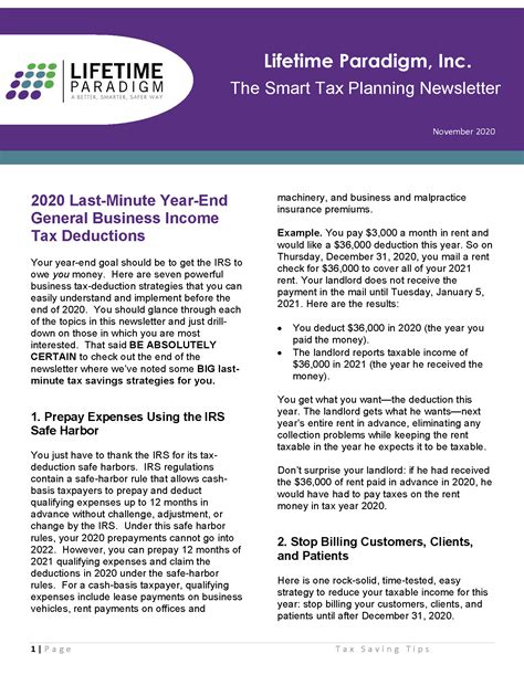 The Smart Tax Planning Newsletter November 2020 Lifetime Paradigm