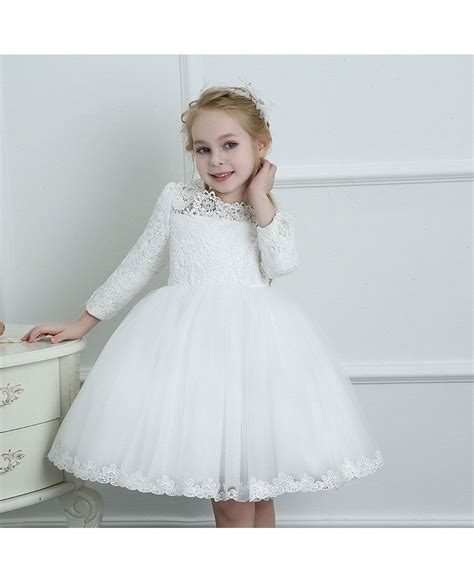 Couture White Lace Long Sleeve Flower Girl Dress Wedding Dress Ballgown