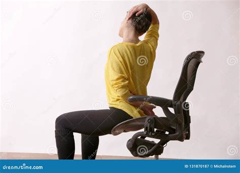 Businesswoman Practices Exercises At Workplace Stock Image Image Of
