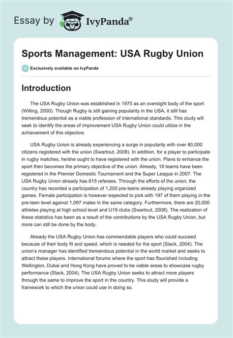 Sports Management Usa Rugby Union 3028 Words Essay Example
