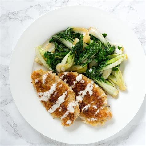 2 thin chicken cutlets, lightly pounded kewpie mayonnaise, to taste Chicken Katsu with Sautéed Bok Choy & Lemon Mayo in 2020 ...