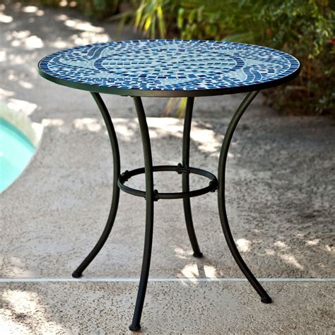 Round Metal Outdoor Bistro Patio Table With Hand Laid Blue Tiles 30
