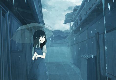 Wallpaper City Anime Girls Rain Umbrella Darkness