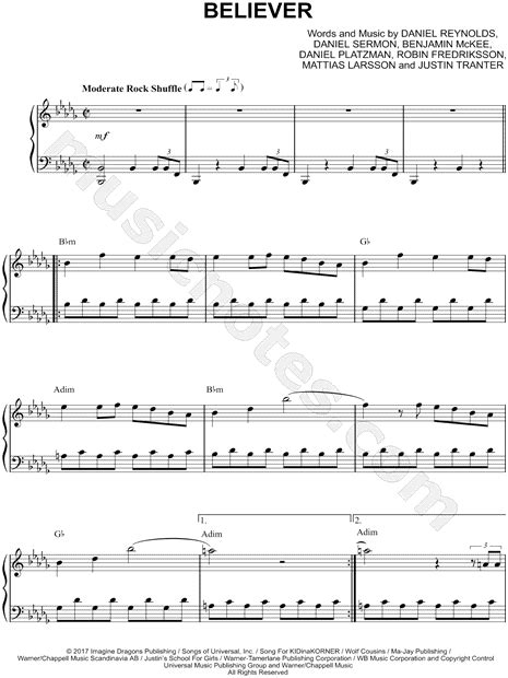 Imagine Dragons Believer Sheet Music Easy Piano In A Minor Download