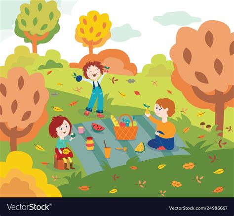 Children Friends At Picnic Outdoors In Autumn Park