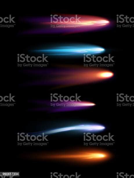 벡터 일러스트 레이 션 세트 아름 다운 다른 모양 유성 혜성 및 Fireballs 블랙은 공간에 조명 효과 속도에 대한 스톡